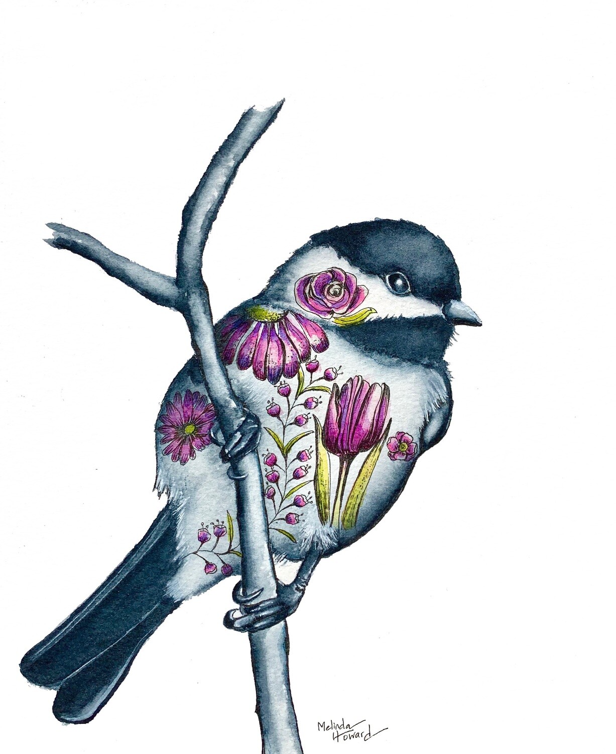 8x10 Chickadee - Tattoo Bird Series Print