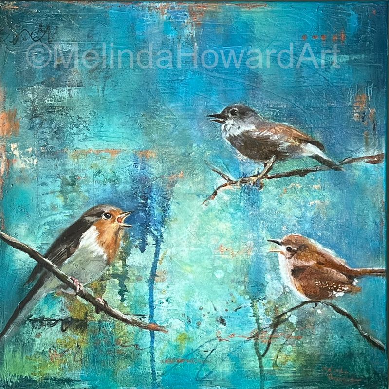 "Psalm 95:1-2 - 3 birds singing", oil on canvas
