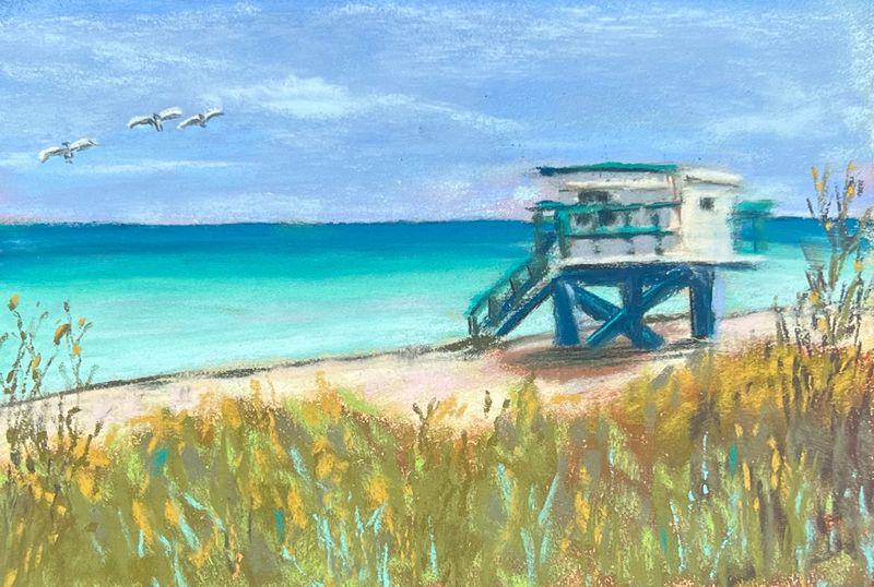 "Beach Hut" Pastel Painting, 6x4