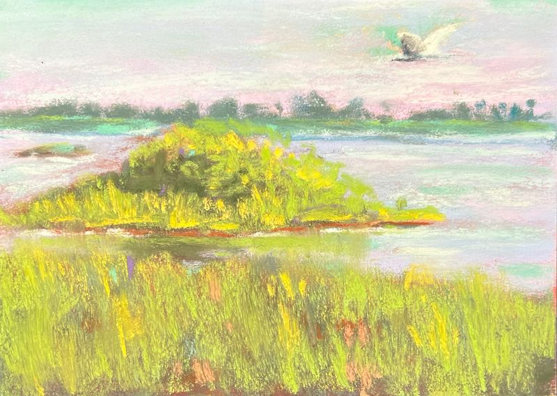 "Flying Marsh Bird" Pastel Painting, 7x5"
