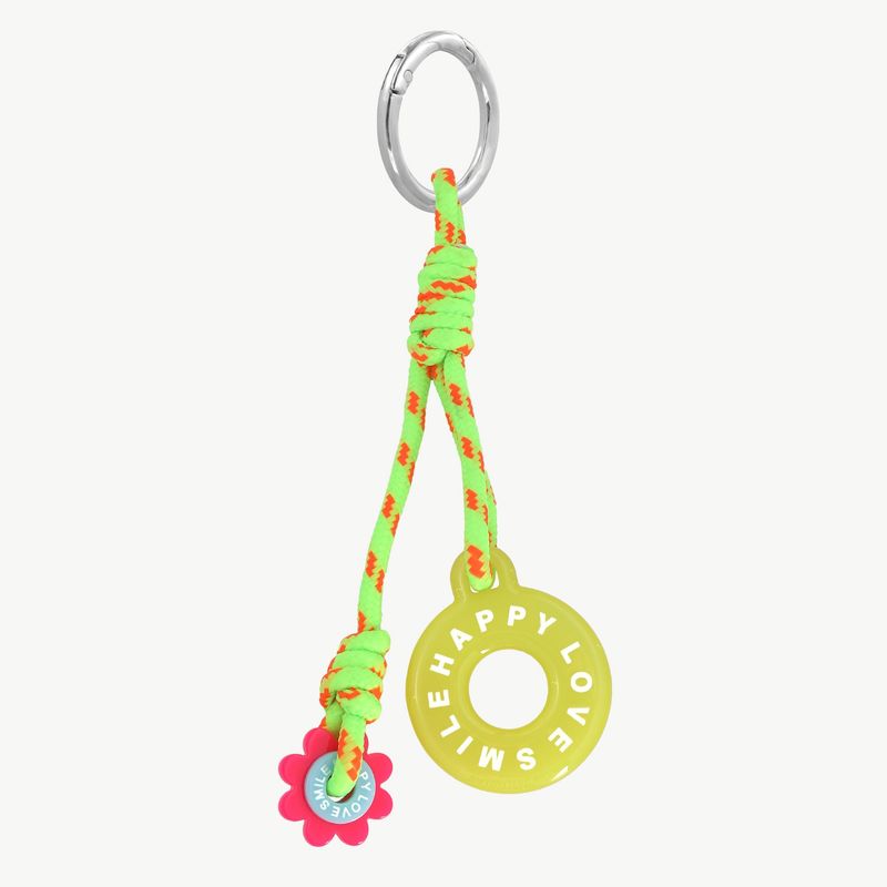 Schlüsselanhänger aus Seil mit Blumen und kreisförmigen Motiven verziert neon