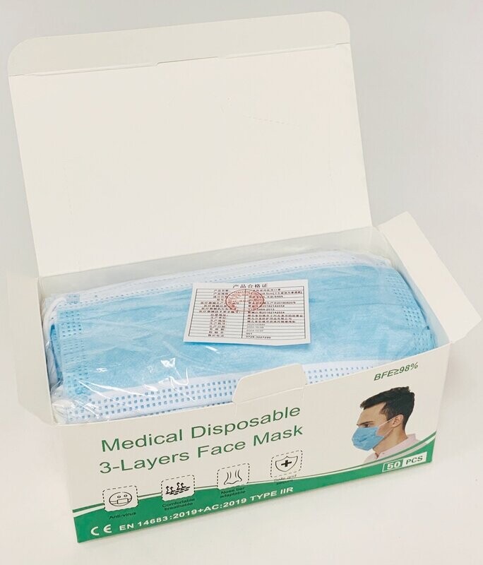 Medische mondkapjes, type IIR EN14683 - 2.000 stuks (verpakt per 50) | € 0,14 per stuk - Blauw