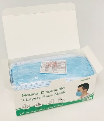 Medische mondkapjes, type IIR EN14683 - 2.000 stuks (verpakt per 50) | € 0,14 per stuk - Blauw