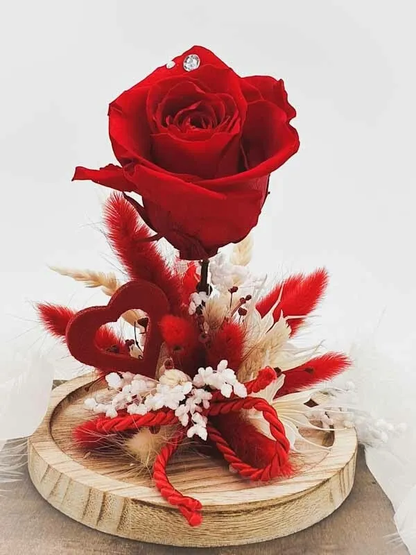 Eternal rose on stem and dried flowers under bell. Red, white and natural color. Handmade.