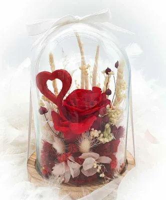 Preserved rose and dried flowers under a glass dome with a heart. Red, white, and natural tones. Handmade.