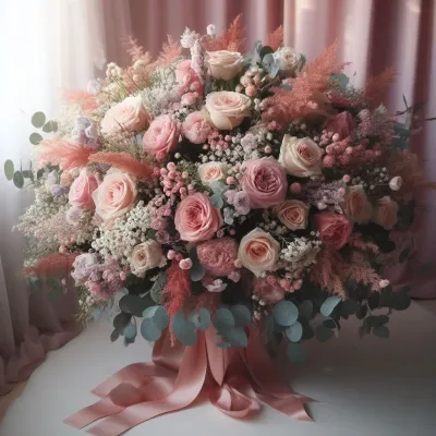 Romantic bouquet of roses and seasonal flowers