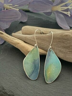 Printed Aluminium and sterling silver drop earrings - Green and Blue water colour effect