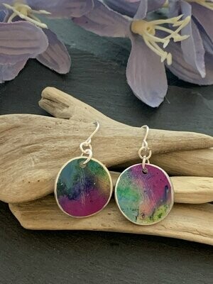 Printed Aluminium and sterling silver drop earrings -Turquoise, purple and lime rainbow