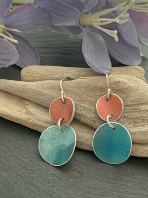 Printed Aluminium and sterling silver drop earrings - Orange/Coral and Turquoise