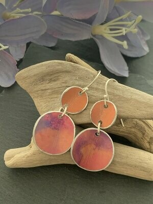 Printed Aluminium and sterling silver drop earrings - soft orange and purple sunset