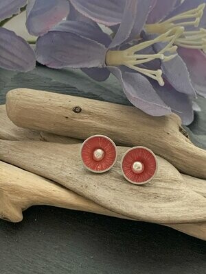 Printed Aluminium and sterling silver domed stud earrings- Coral pink