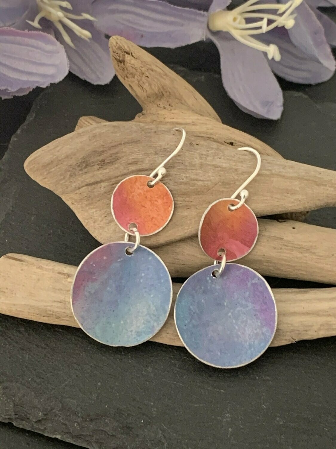 Printed Aluminium and sterling silver drop earrings - Orange and Purple