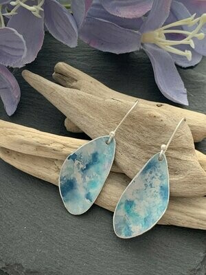 Printed Aluminium and sterling silver drop earrings - Blue Water Colour