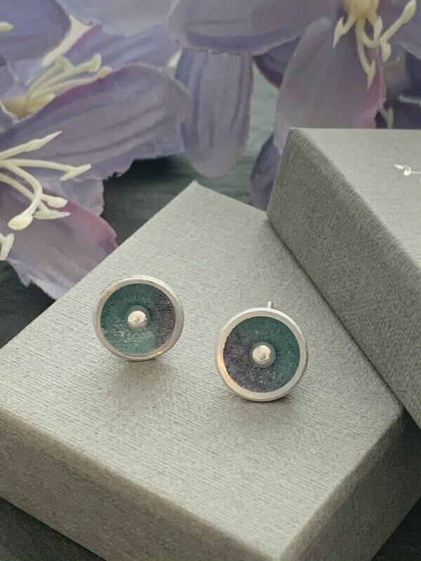 Printed Aluminium and sterling silver domed stud earrings- Pale turquoise