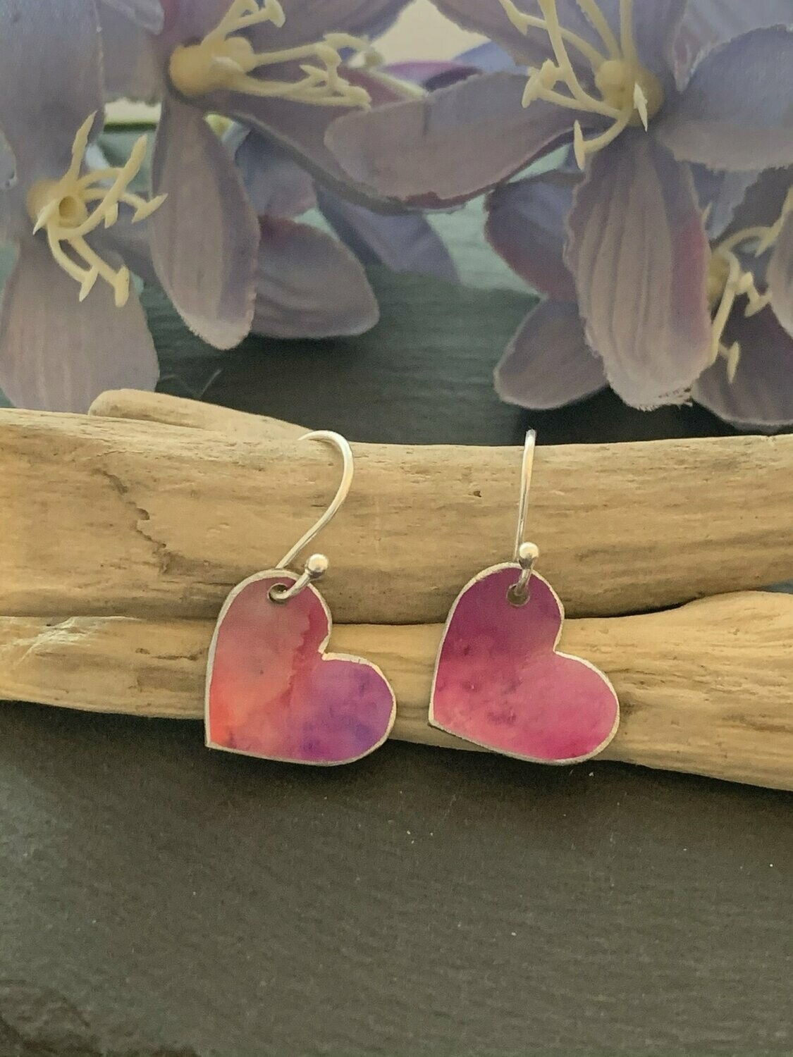 Printed Aluminium and sterling silver heart earrings - Pink