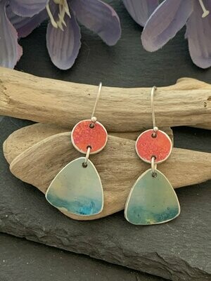 Printed Aluminium and sterling silver drop earrings - Light Teal and Orange
