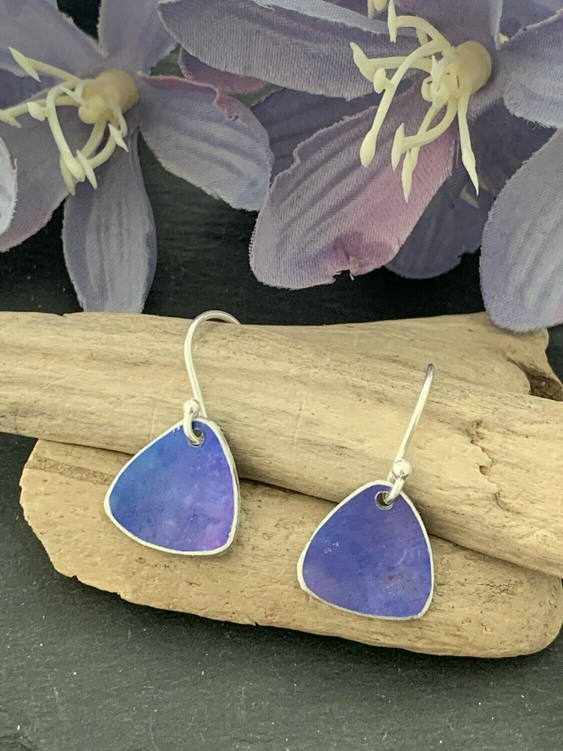 Printed Aluminium and sterling silver mini drop earrings - Purple