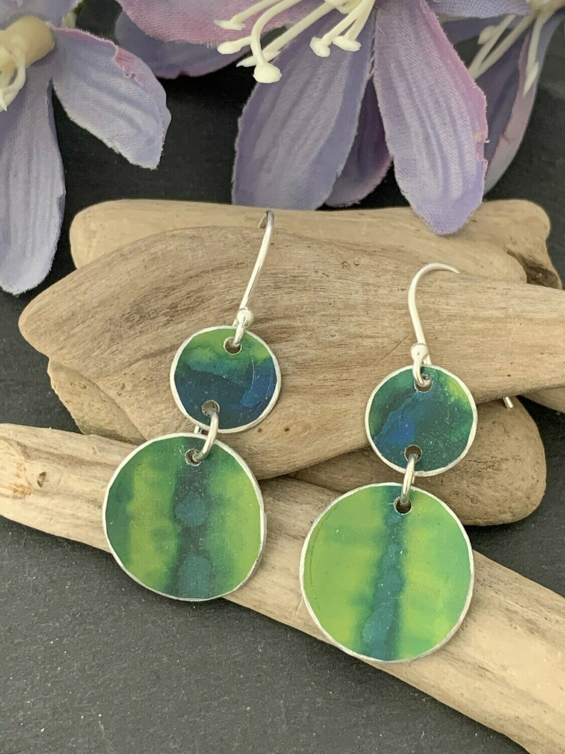 Printed Aluminium and sterling silver drop earrings - Blue and Lime