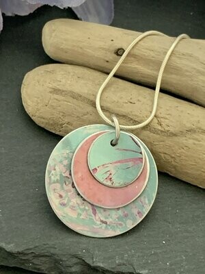 Hand Painted Aluminium Wing Pendant - Teal, rose pink and mauve