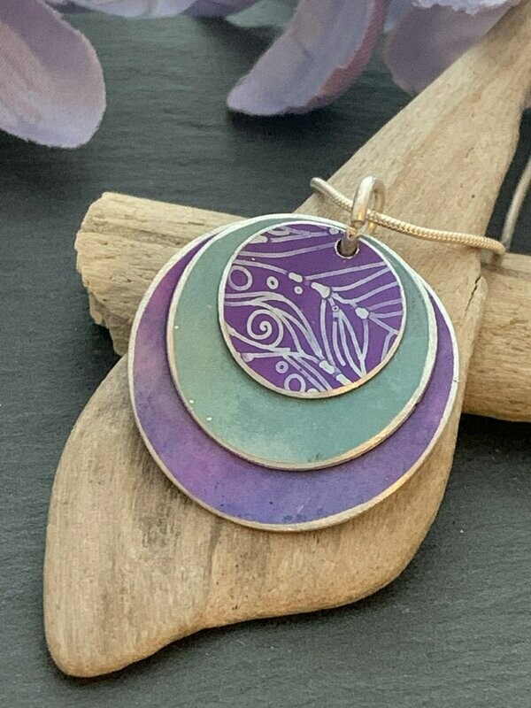 Hand Painted Aluminium  Pendant - Teal and purple print