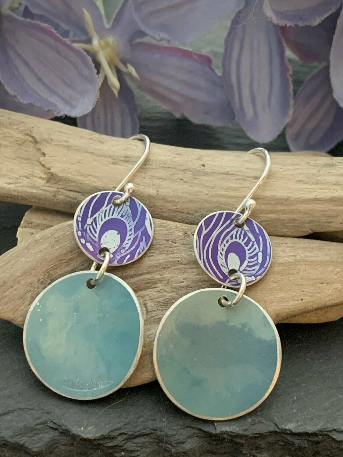 Printed Aluminium and sterling silver drop earrings - Turquoise and Purple peacock