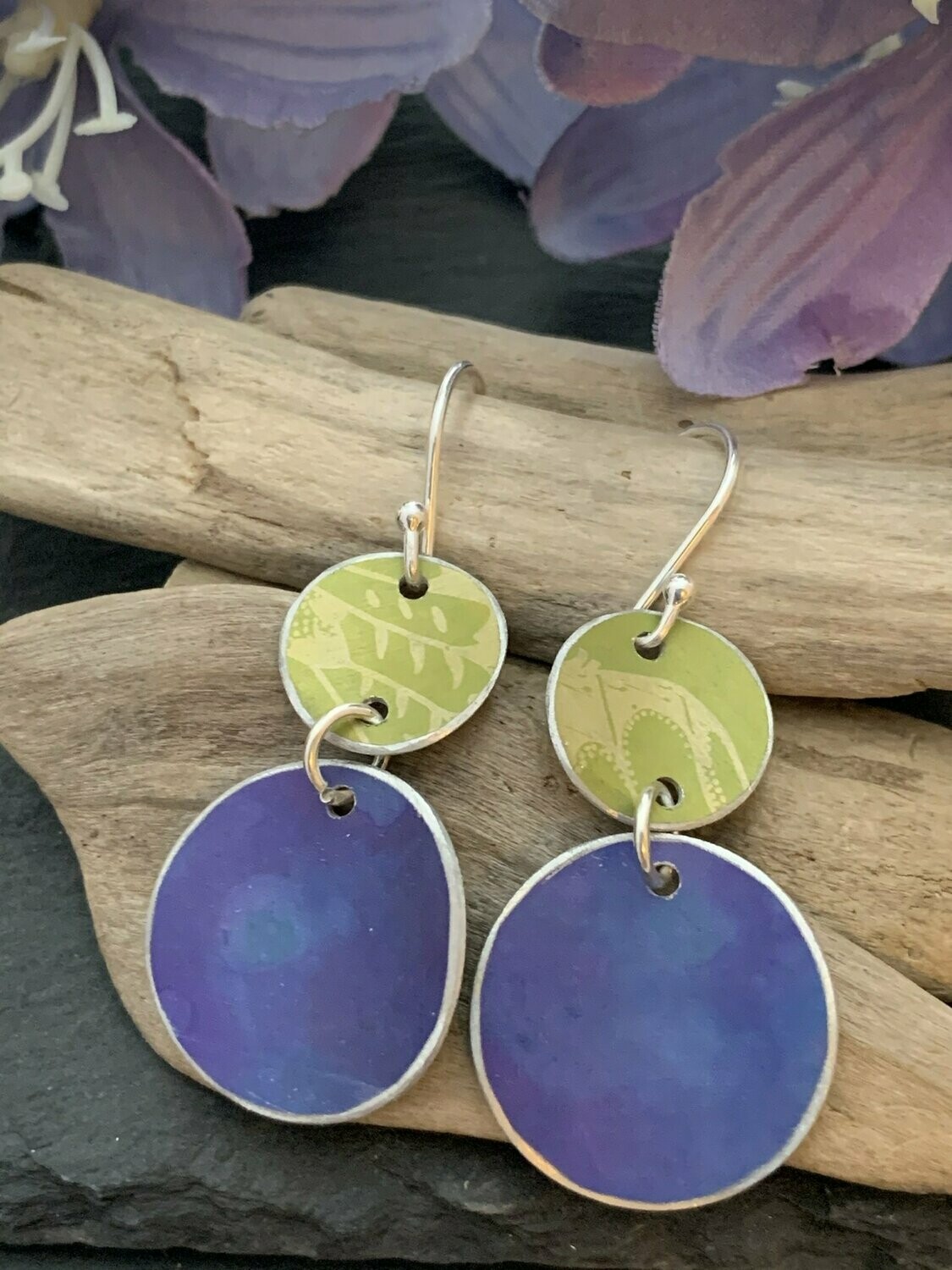 Printed Aluminium and sterling silver drop earrings - Purple and lime green