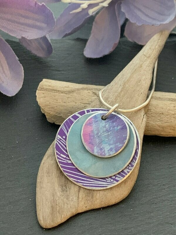 Hand Painted Aluminium  Pendant - Purple, duck egg and rose pink