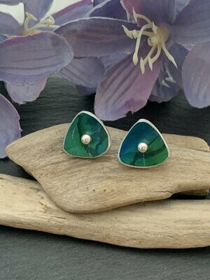 Printed Aluminium and sterling silver mini drop earrings - Green and blue