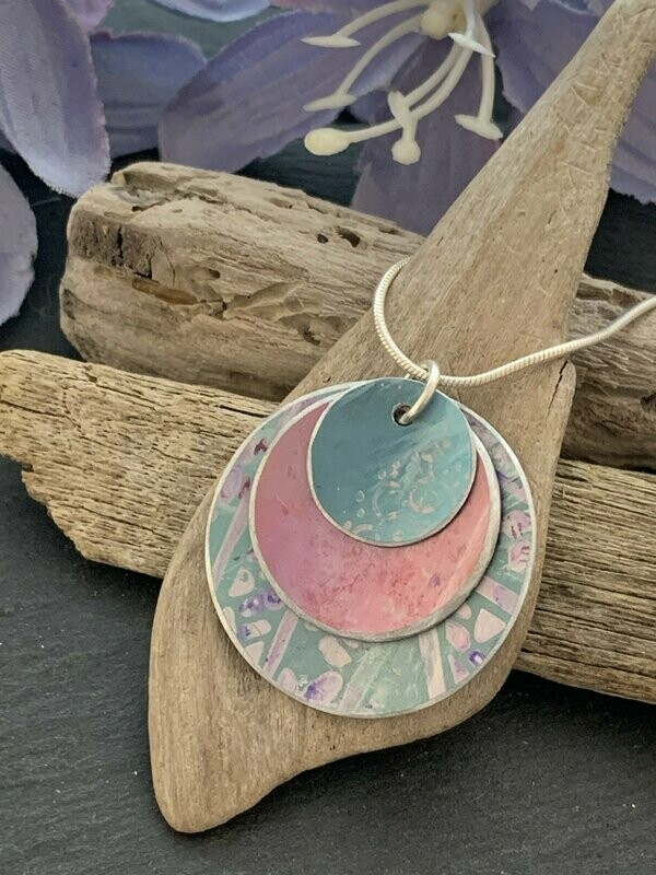 Hand Painted Aluminium  Pendant - duck egg and rose pink