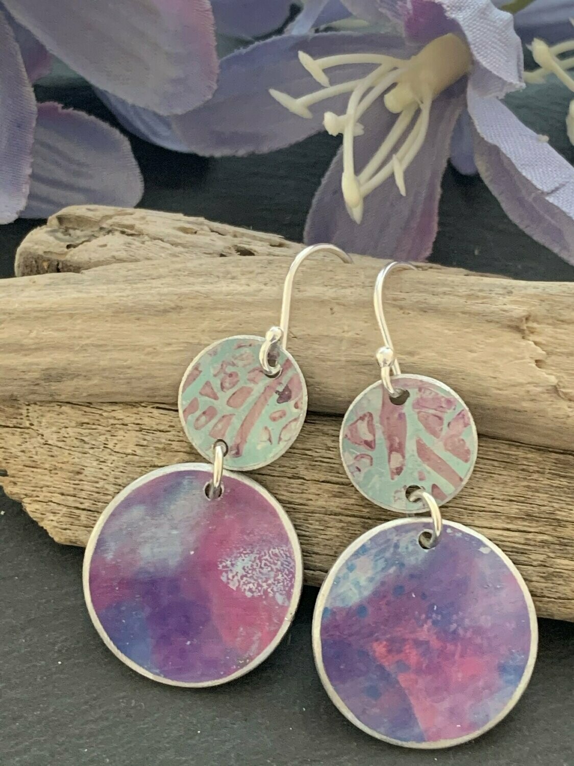 Printed Aluminium and sterling silver drop earrings - Blue, mauve and purple