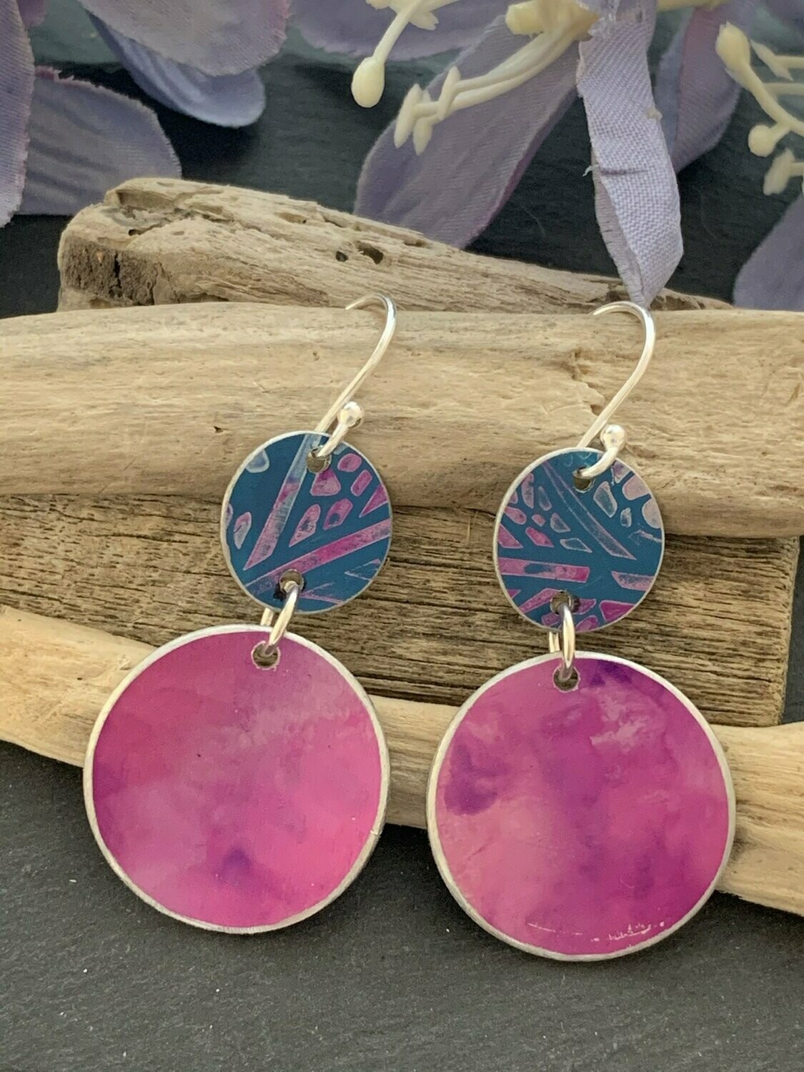Printed Aluminium and sterling silver drop earrings - turquoise and pink