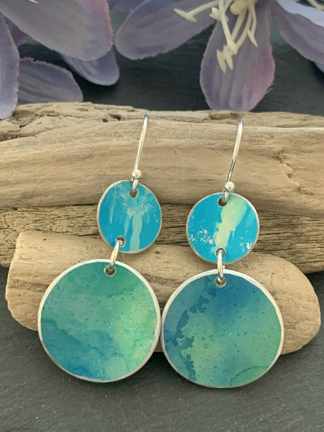 Printed Aluminium and sterling silver drop earrings - turquoise and apple green