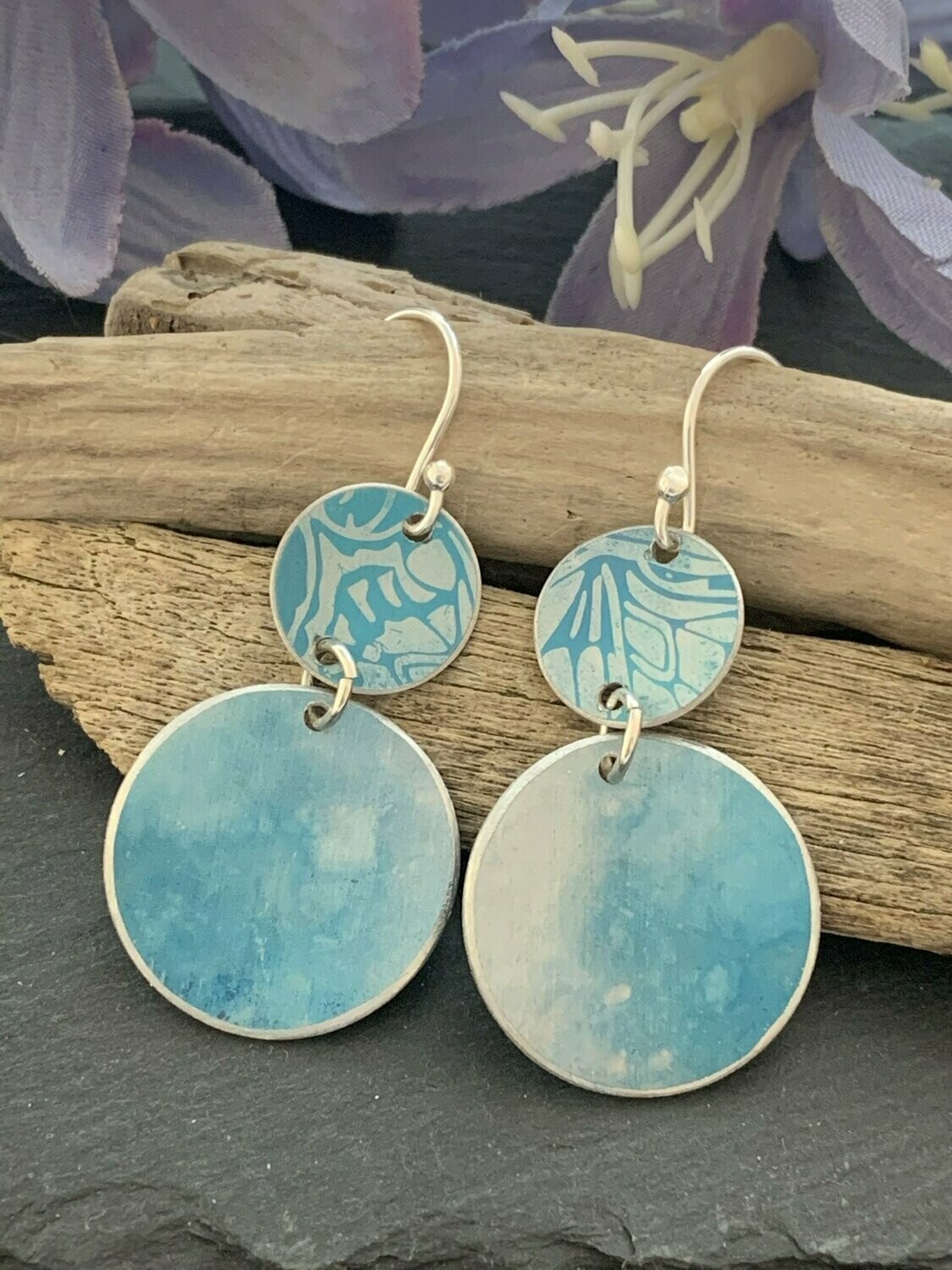 Printed Aluminium and sterling silver drop earrings - turquoise