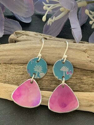 Printed Aluminium and sterling silver drop earrings - Cerise pink and turquoise