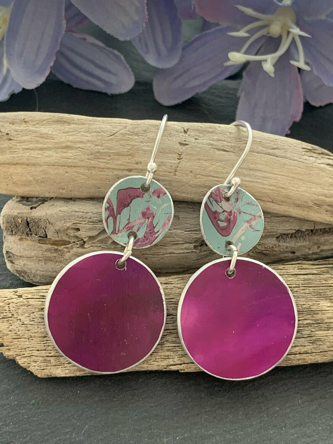 Printed Aluminium and sterling silver drop earrings - duck egg blue and cerise pink