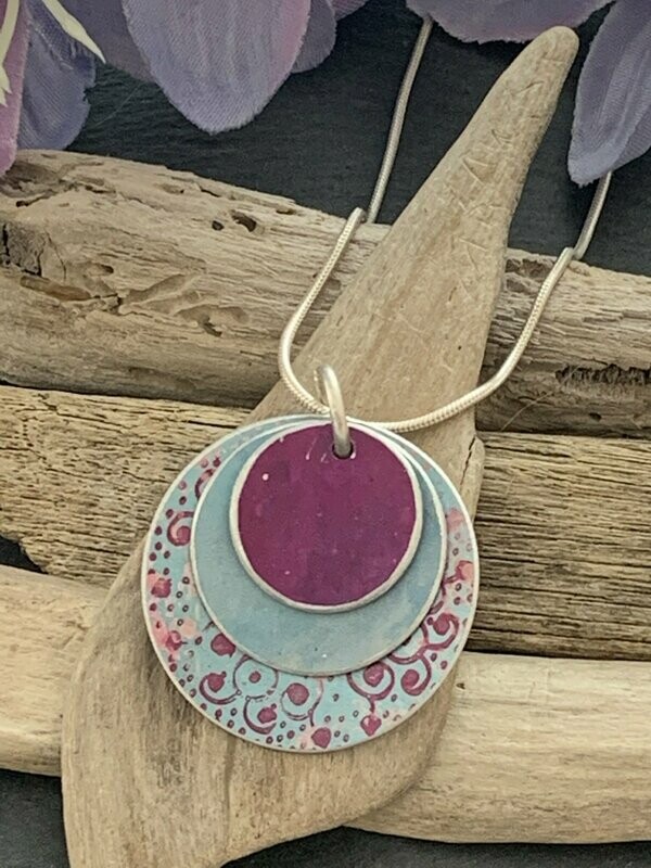 Hand Painted Aluminium  Pendant - duck egg blue and cerise