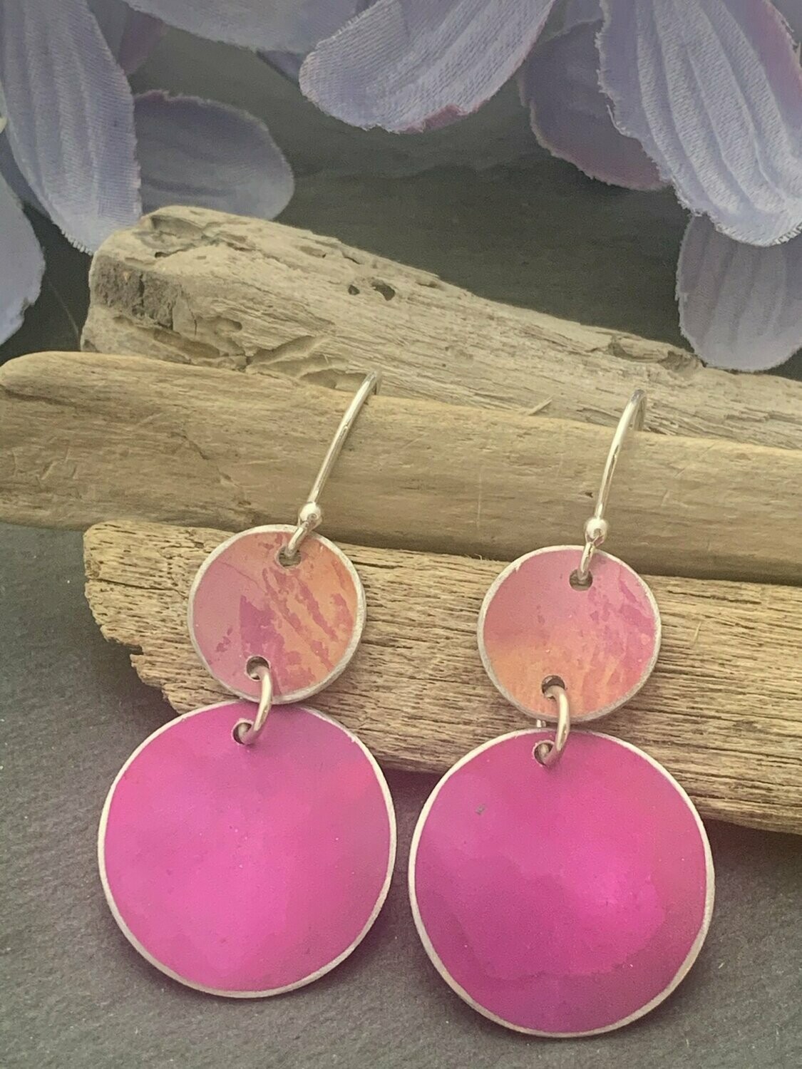 Printed Aluminium and sterling silver drop earrings - Pink and Orange