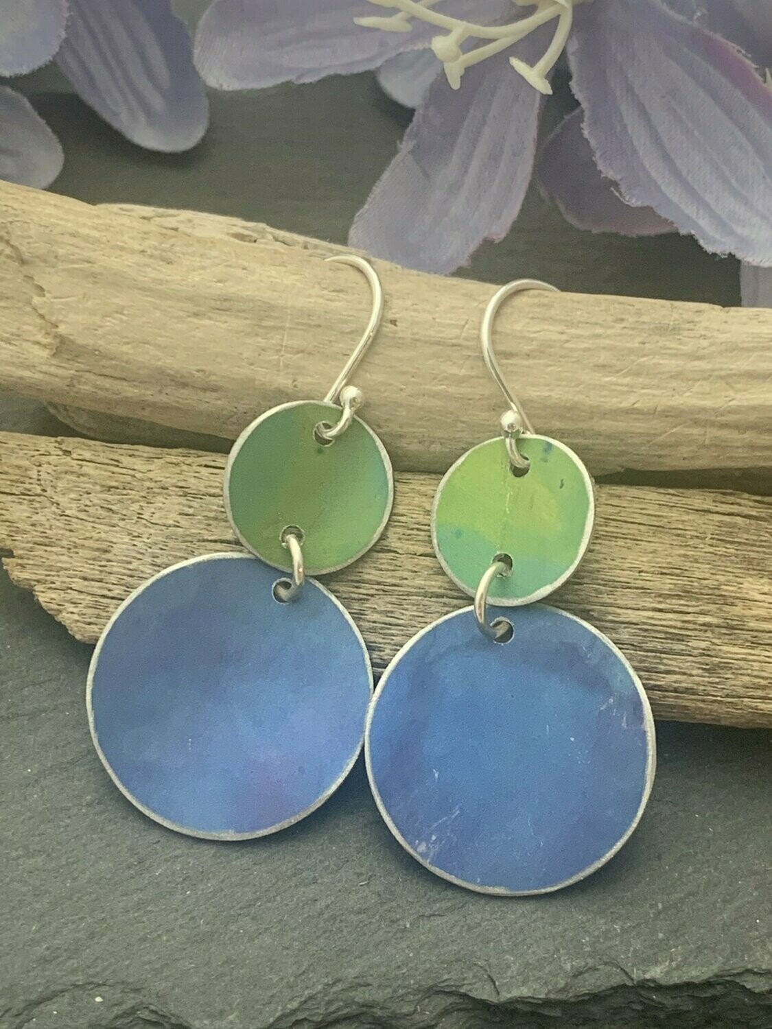 Printed Aluminium and sterling silver drop earrings - Purple and Lime