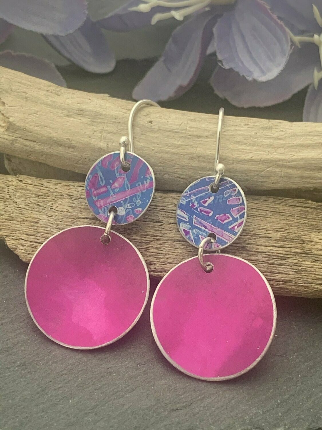 Printed Aluminium and sterling silver drop earrings - Blue and Cerise Pink