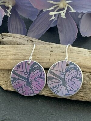 Printed Aluminium and sterling silver drop earrings - lilac butterfly print