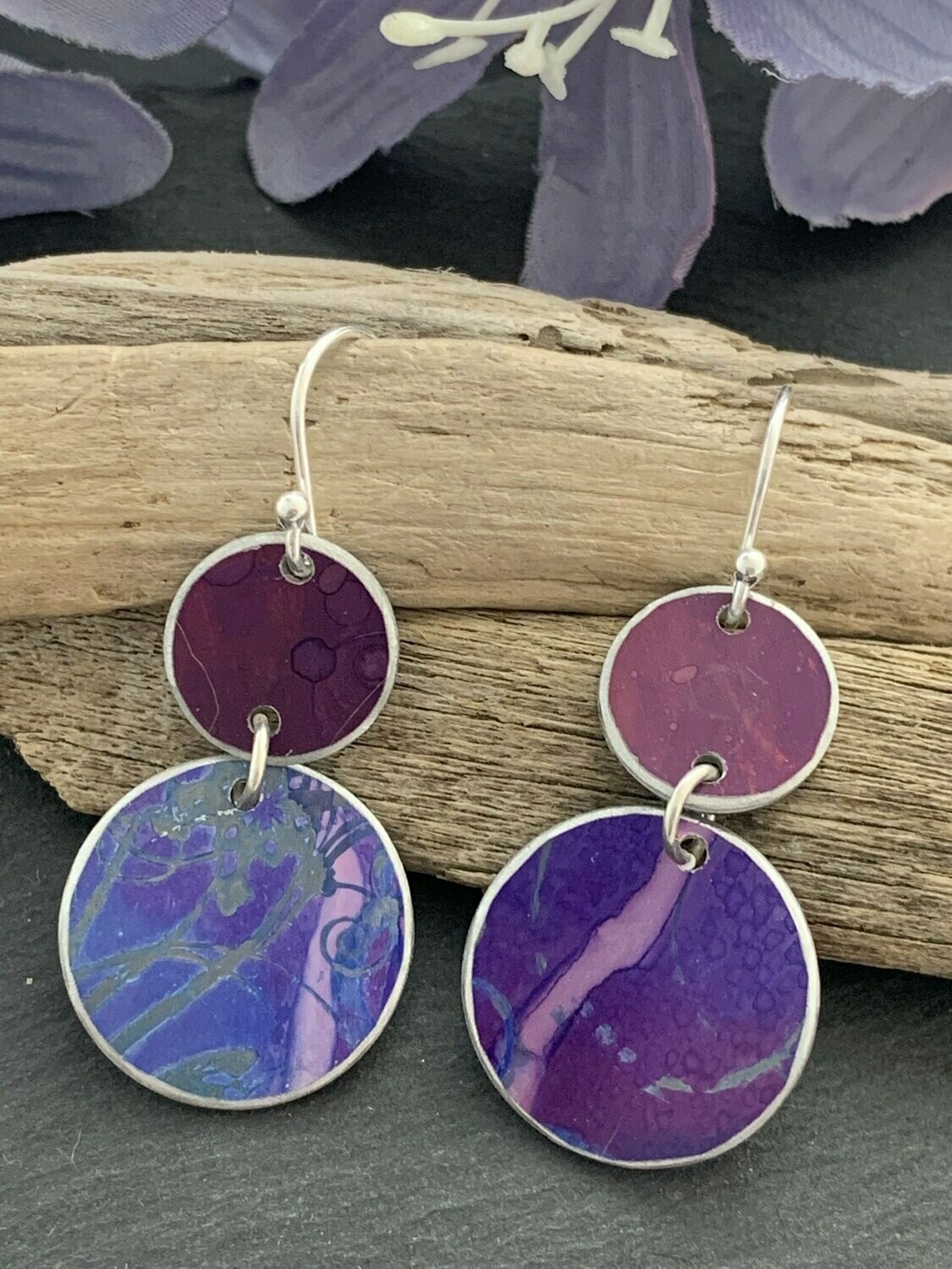 Printed Aluminium and sterling silver drop earrings - lilac, purple and burgundy