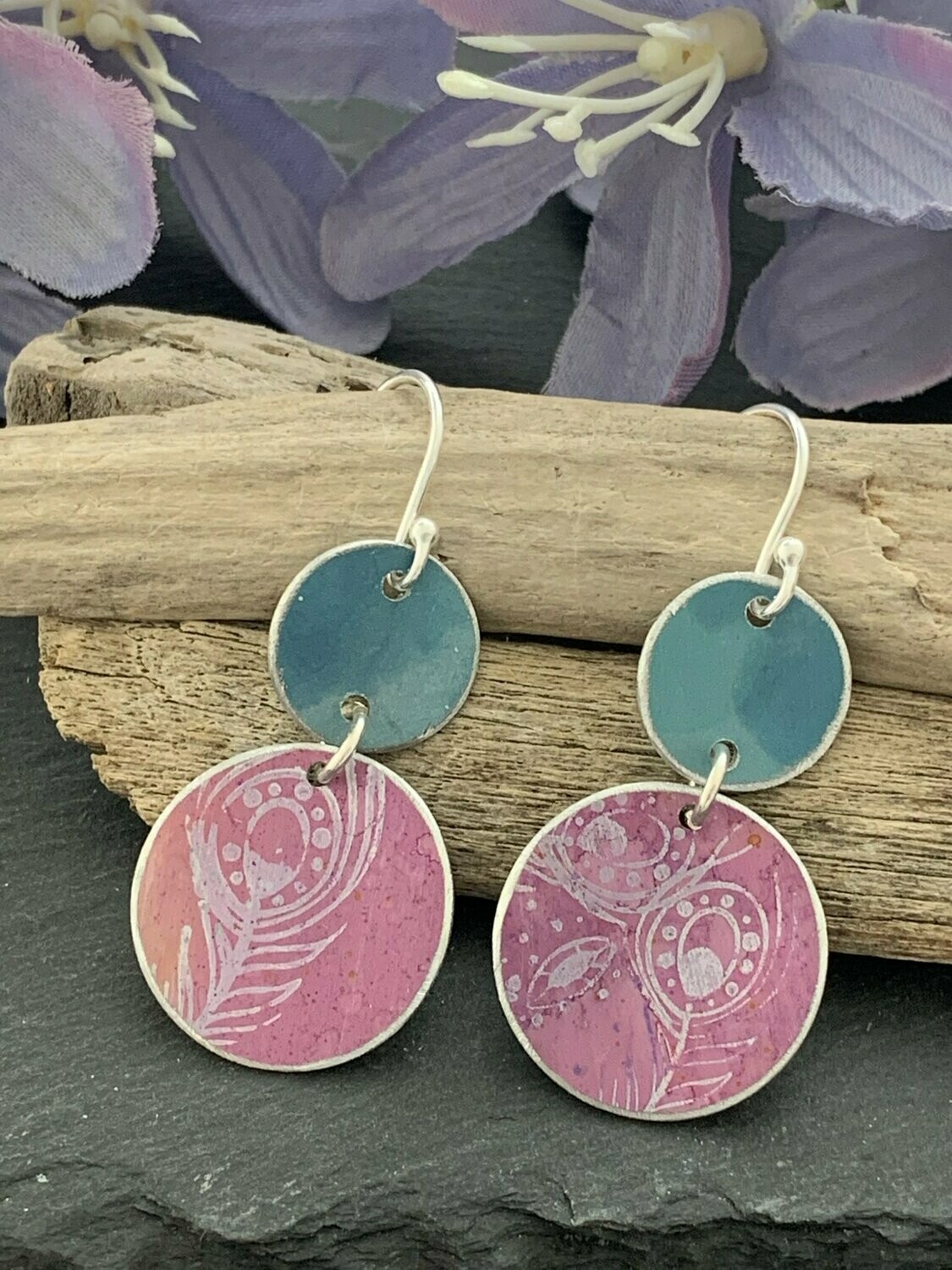 Printed Aluminium and sterling silver drop earrings - lilac and teal