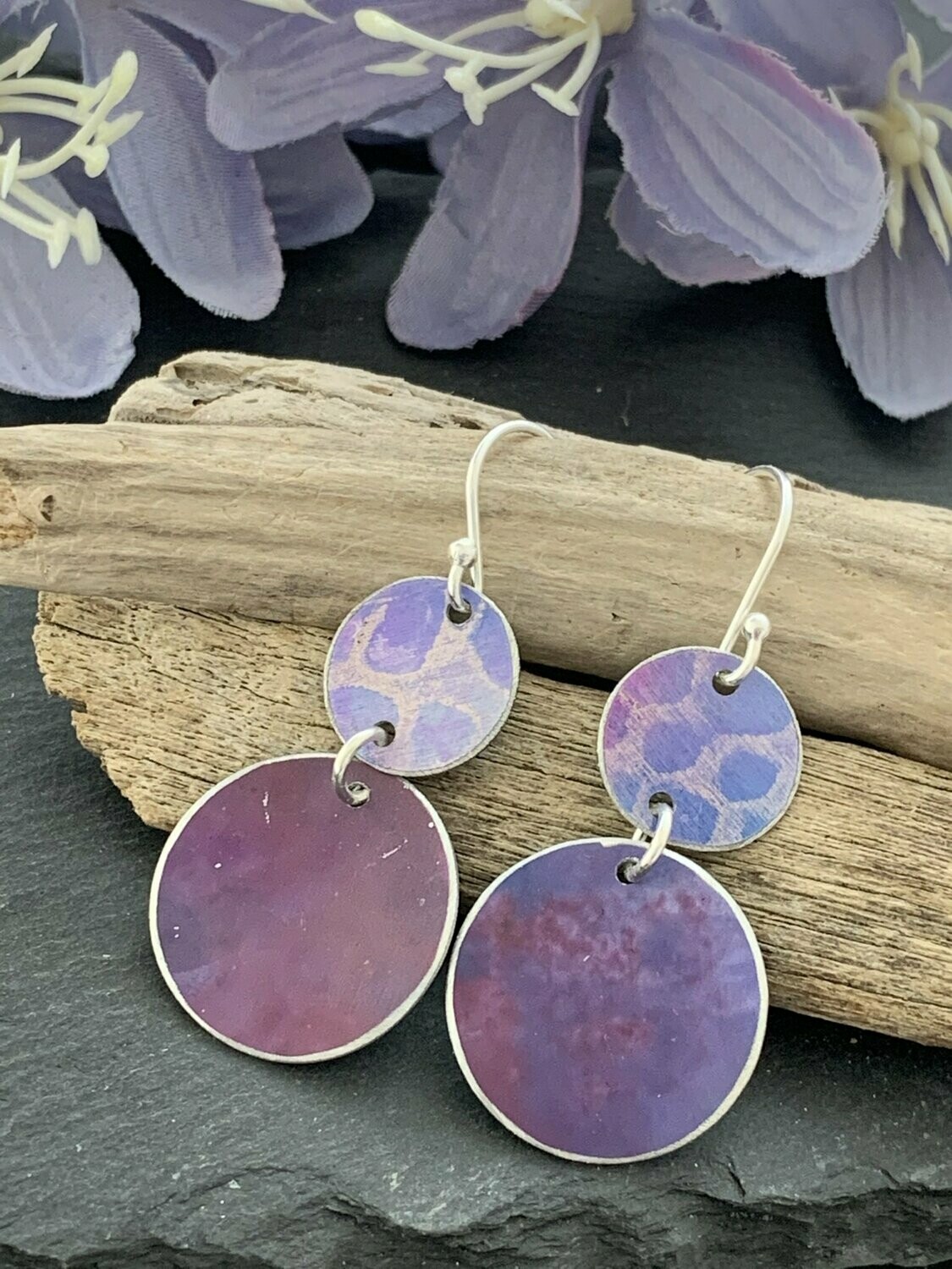 Printed Aluminium and sterling silver drop earrings - lilac and magenta