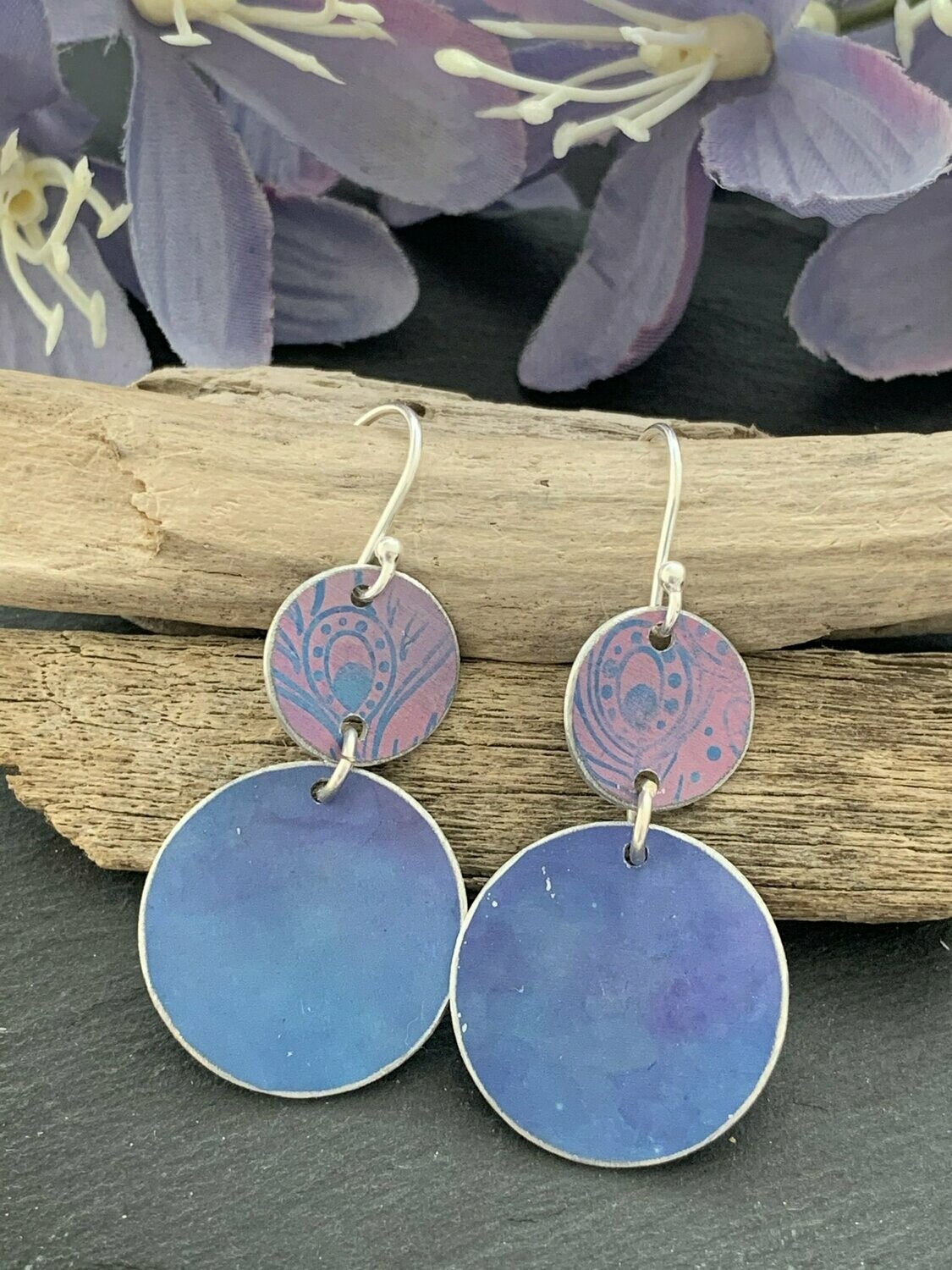 Printed Aluminium and sterling silver drop earrings - Cornflower blue and Lilac