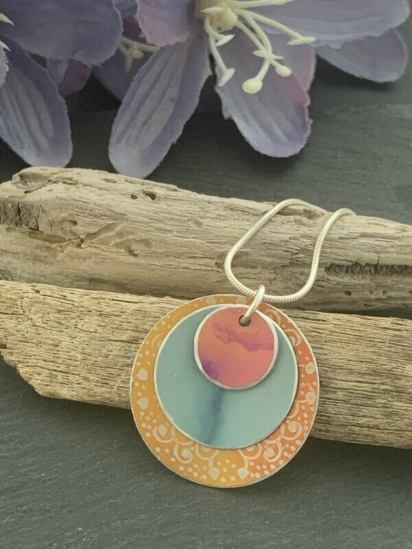Hand Painted Aluminium  Pendant - Orange and duck egg blue