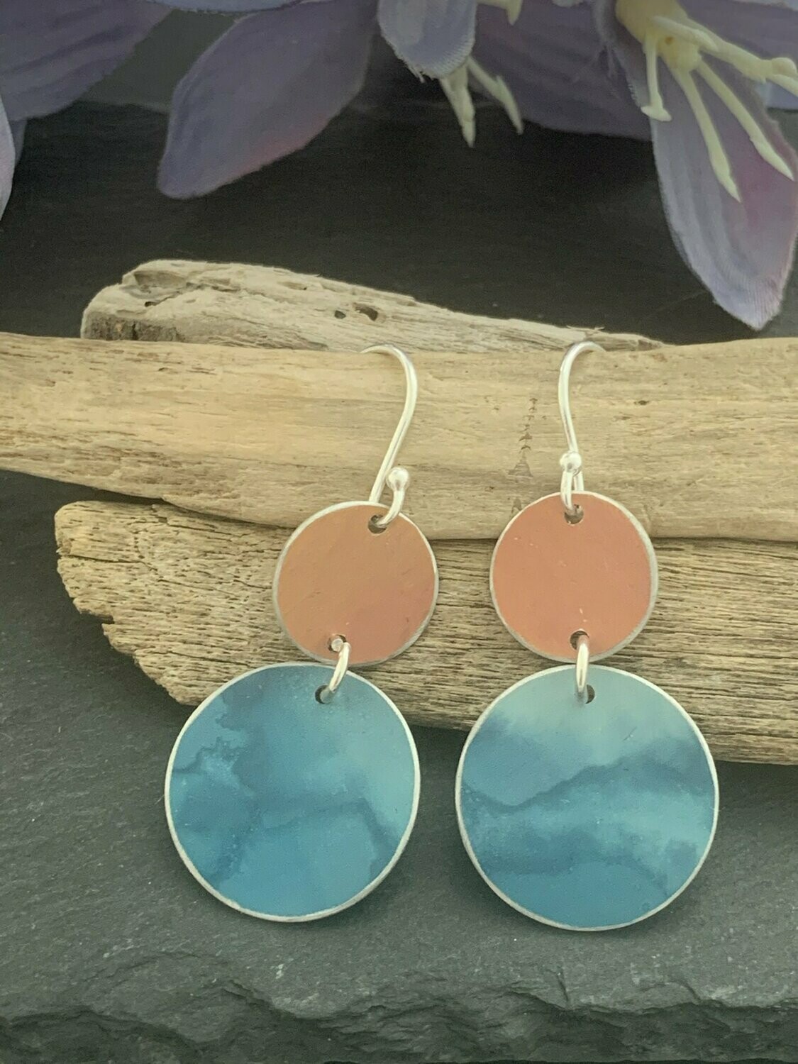 Printed Aluminium and sterling silver drop earrings -Orange and teal