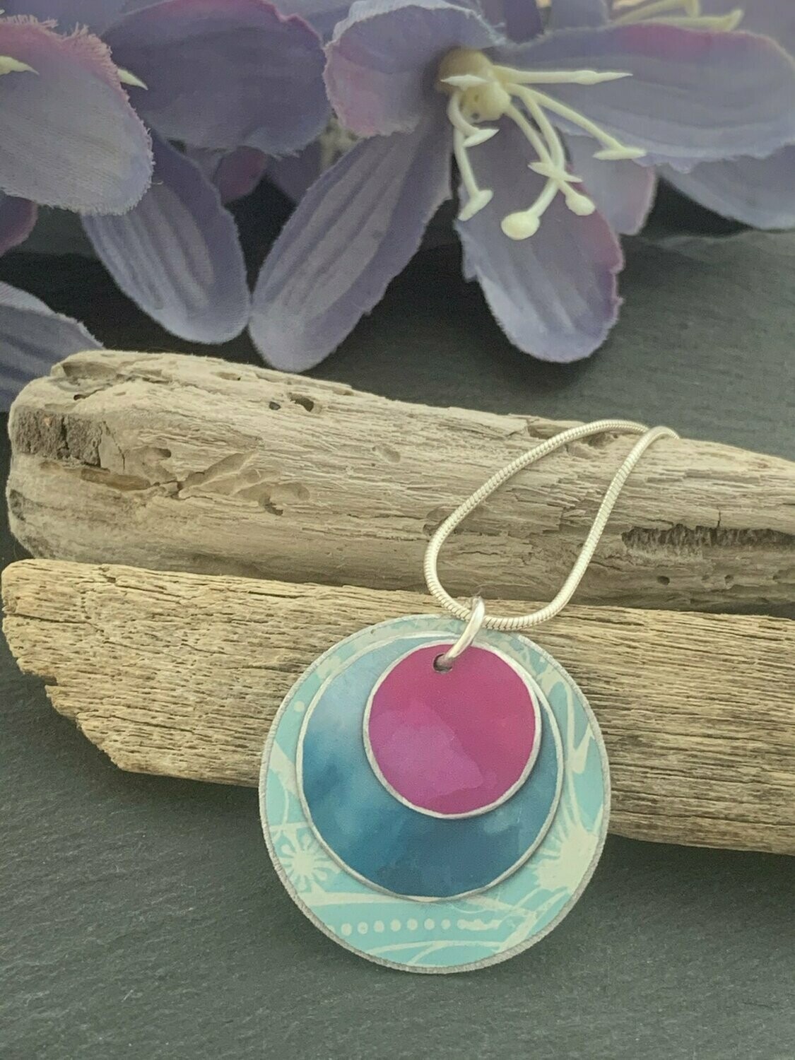 Hand Painted Aluminium  Pendant - Turquoise and Pink
