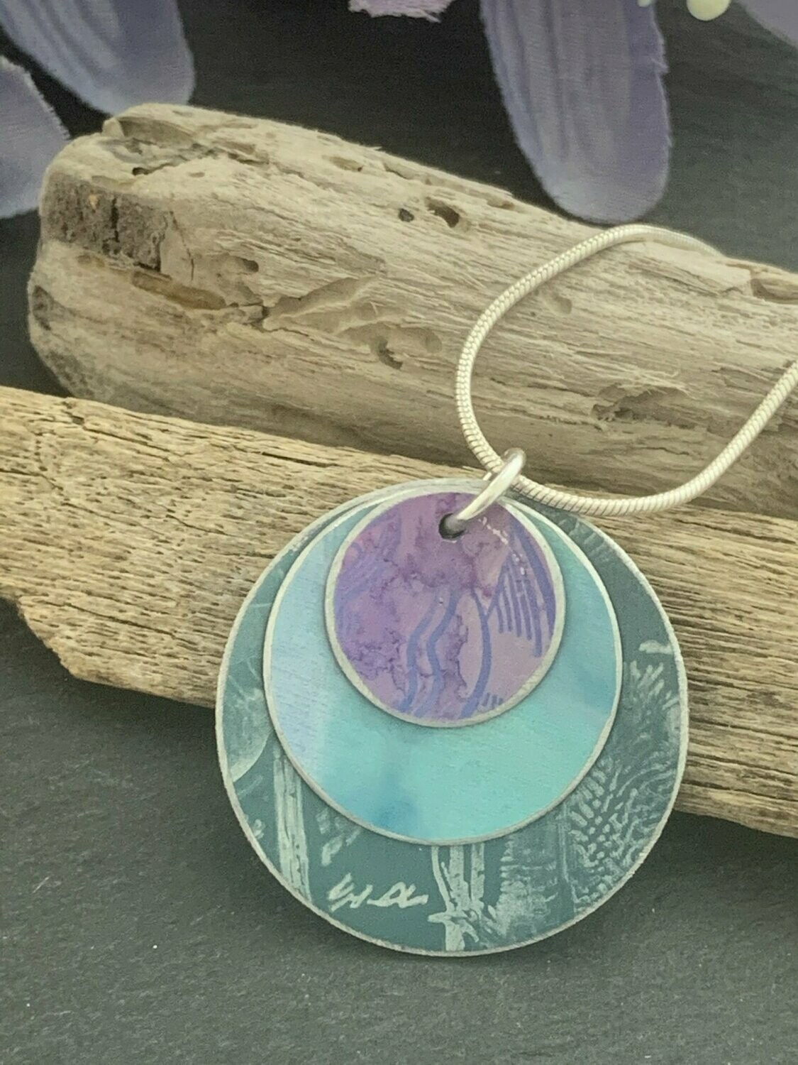 Hand Painted Aluminium Pendant - Turquoise, teal/grey and lilac