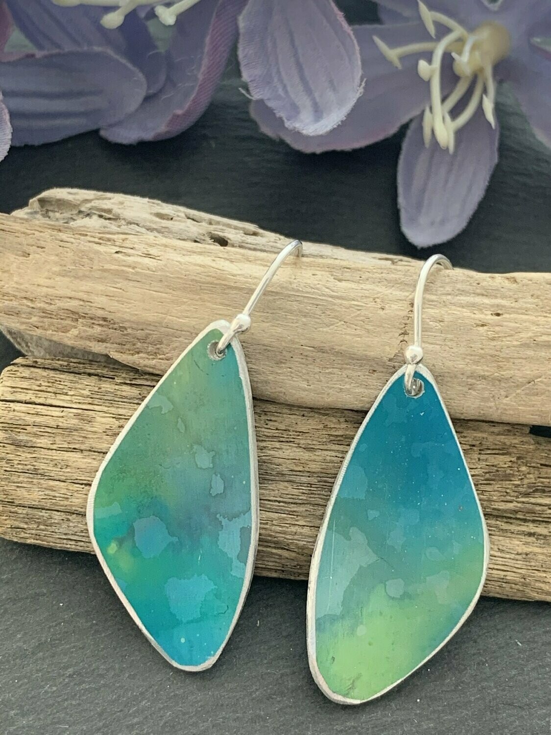 Printed Aluminium and sterling silver drop earrings - Green