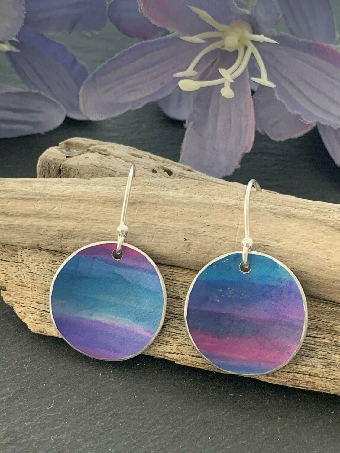 Printed Aluminium and sterling silver drop earrings - Blue, pink and Purple stripe